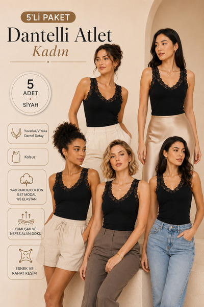 Loule Women's 5-Piece Lace Strap V-Neck Cotton & Modal Flexible Undershirt - ...