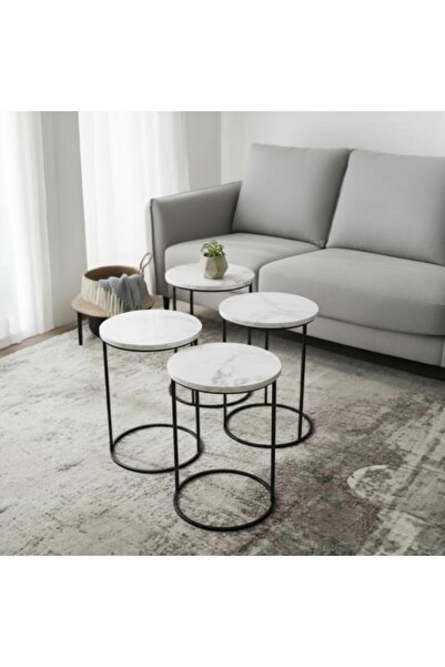 Telal Set of 4 service tables, black iron, wood top, marble look