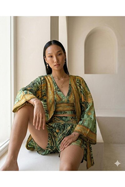 Enuverbi Kadın - 3’lü İpek Set - Etnik Desenli Kimono, Gipe Detaylı Büstiyer ...