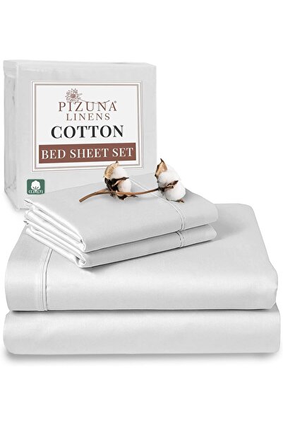 PIZUNA Pure 100% Cotton Bed Sheet King Size Set White, 400 Thread Count Satee...