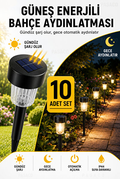PASACO 10’lu Solar Bahçe Lambası Metal Set Güneş Enerjili IP44 Sensörlü LED D...