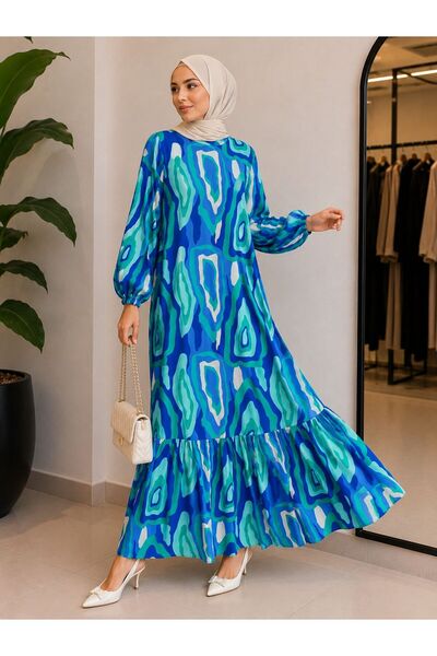 ZGfashion Kadın Saks Mavi Yeşil Desenli Uzun Elbise Lastikli Kol Rahat Kalıp ...