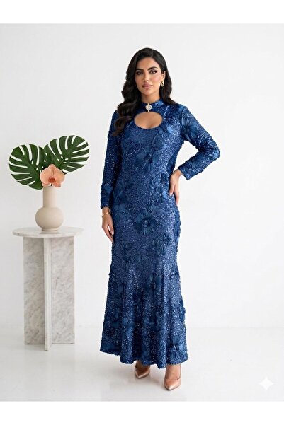 sea gulf Shiny Beaded Maxi Evening Dress with 3D Flower and Crystal Work Arou...