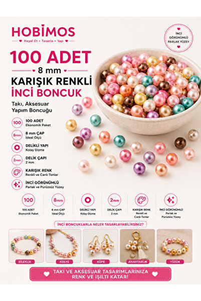 Hobimos 100 Adet 8 mm Karışık Renkli İnci Boncuk, Delikli Takı ve Aksesuar Ya...