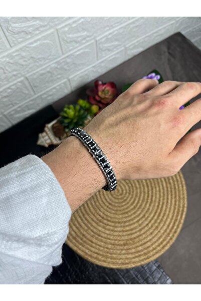 WAKHA Gray Cylinder Bead Embroidered Steel Men's Bracelet