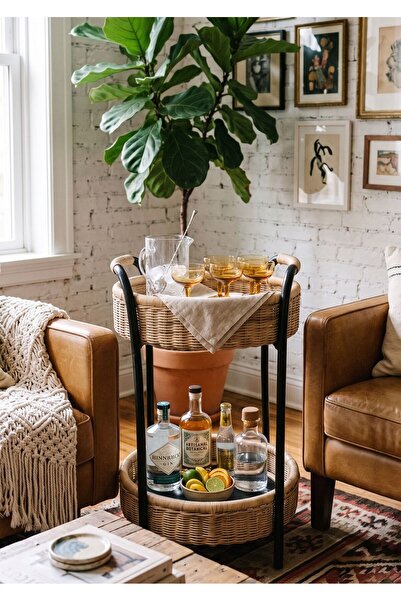 Lessio Home Aris Doğal Rattan Ahşap 2 Katlı Yan Sehpa & Servis Arabası Çok Am...