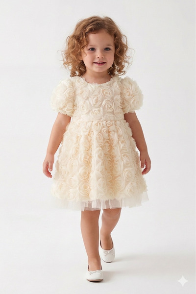 kidello Roseme Beige Bow Detailed Gipe Elastic Girls' Dress Birthday