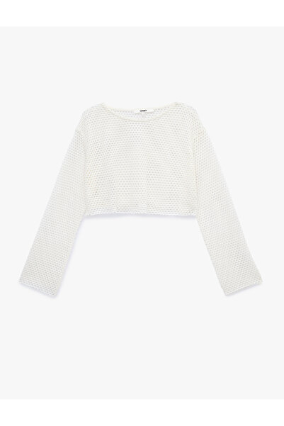 Koton Comfortable Fit Boat Neck Long Sleeve Openwork Mesh Crop T-Shirt