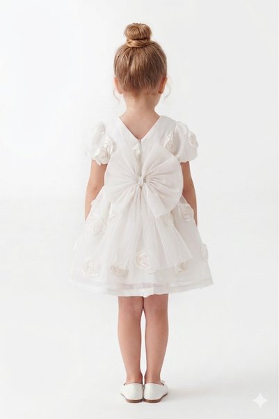 kidello Lorella Ecru Rose Patterned Bowknot Girl's Dress Birthday