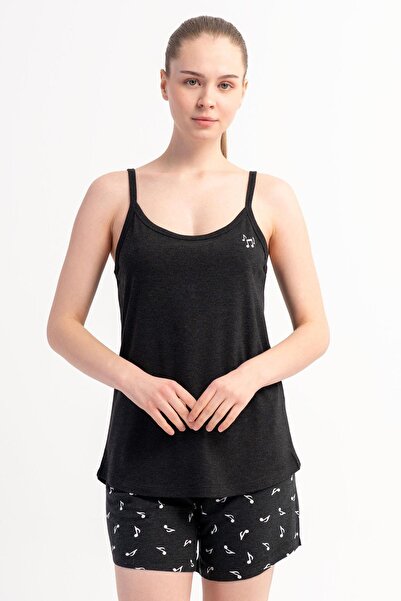 KEZOKİNO Kadın İnce Askılı Şortlu Siyah Pijama Takımı C0T9N2215