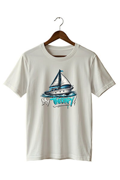 WİDİ Sailboat and Sea My Therapy Street Style Printed T-Shirt 100% Cotton
