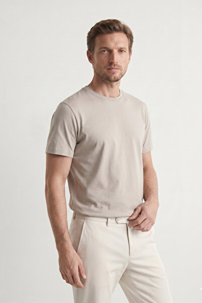 Elemge Cotton Lycra Body-Fitting Magic Fit Beige Men's T-Shirt Compact Combed...