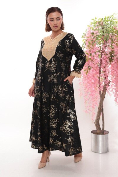 JERFİ Women's Plus Size Stylish Gold Detail Stone Printed Dress