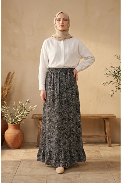 sefamerve Elastic Waist Polka Dot Patterned Skirt 0306-01 Black