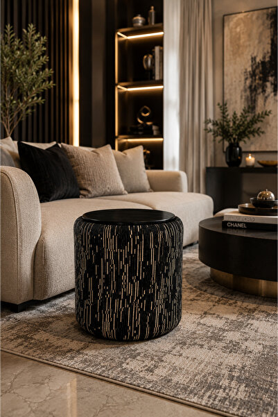 Tasarım Premium Dokuma Kumaş Puf Sehpa 40x46 cm | Modern Yuvarlak Oturma Pufu...