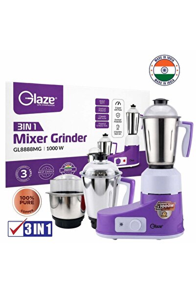 Glaze 3-in-1 Heavy Duty Mixer Grinder - 1000W Powerful Copper Motor, 3 Stainl...