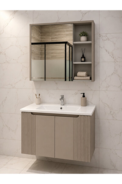 nata Banyo 80 cm Kapak Aynalı MDF Banyo Dolabı Takımı Lavabolu – Kum Taşı