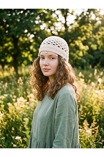 HAWWA Hand Knitted Cotton Thread Net Beanie - Special Design Bohemian Hair Ac...