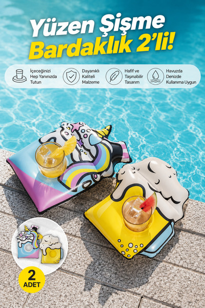 craftivio 2'li Yüzen Şişme Bardaklık Havuz ve Deniz İçecek Tutucu Unicorn ve ...