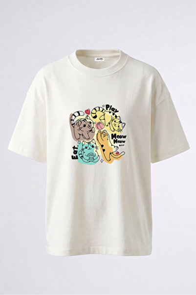 Anetos Tricou supradimensionat alb din bumbac cu imprimeu pe spate Kawaii Cat...