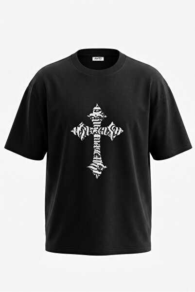 Anetos Tricou oversize negru din bumbac cu imprimeu pe spate Gothic Hajj Design