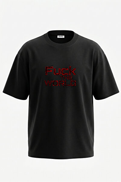 Anetos Tricou oversize negru din bumbac cu imprimeu pe spate Fuck The World D...