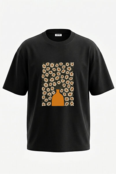 Anetos Tricou oversize negru din bumbac cu imprimeu pe spate Vase Flowers Design