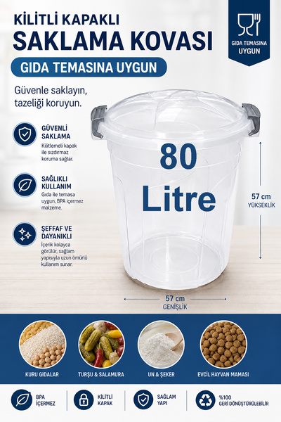 Akyüz Plastik 🪣 80 LT Şeffaf Esnek Plastik Kova Kapaklı | Büyük Boy Dayanıkl...