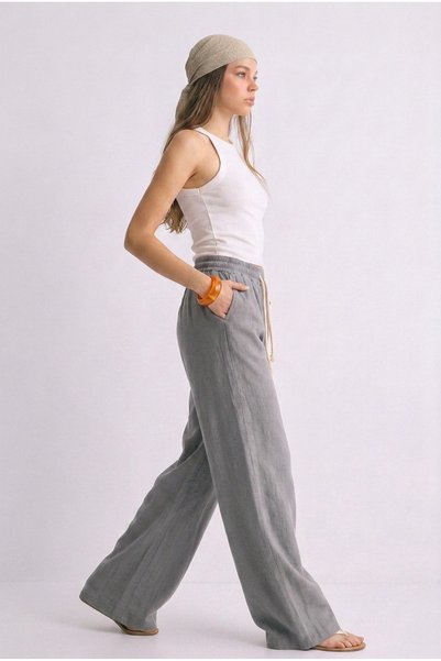 ELAFRO Women's Gray Linen Look Palazzo High Waist Lace-Up Comfortable Fit Trousers