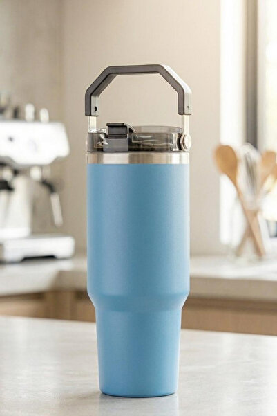 Decopat Çelik Kulplu - Aç-Kapa Pipetli - 900 ML Premium Termos - Paslanmaz Çe...