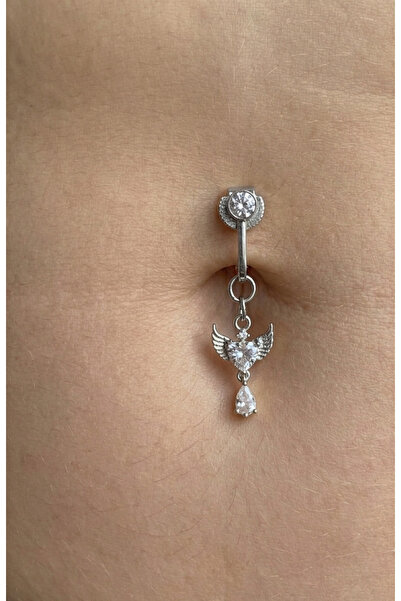 kurukafagift Göbek Piercing Çelik Deliksiz Kullanım Kanatlı Kalp Sallantılı M...