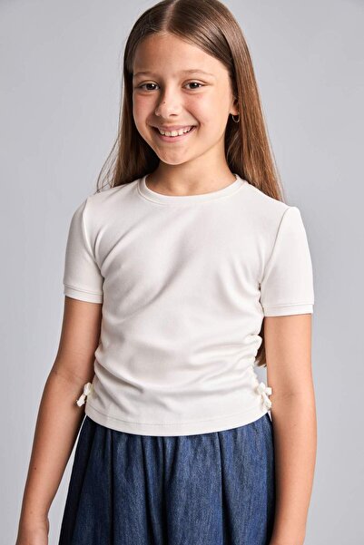 DeFacto Crew Neck Combed Cotton Short Sleeve Ecru T-Shirt Girls H7244A826Hs