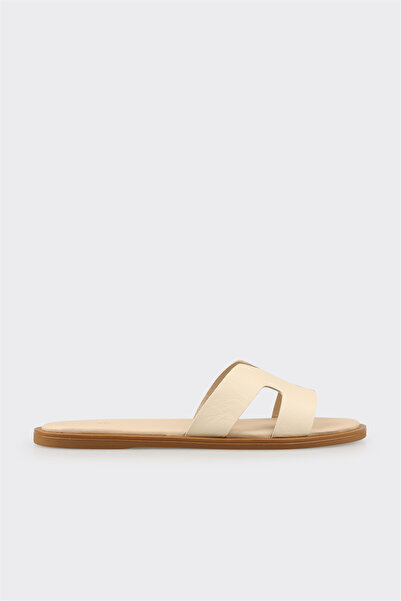 Elle Shoes Ekru Deri Kadın Düz Terlik