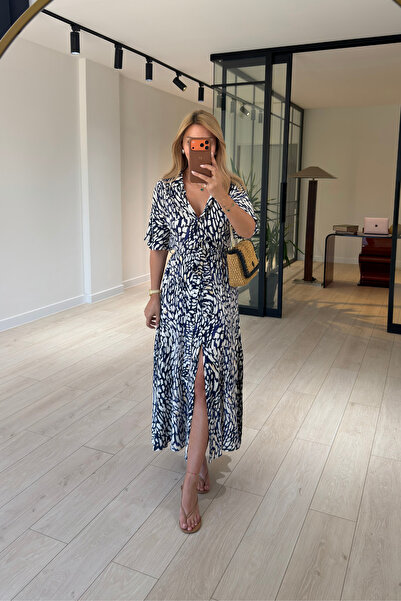 Sezgi Tekin Navy Blue Patterned Buttoned Belted Viscose Dress