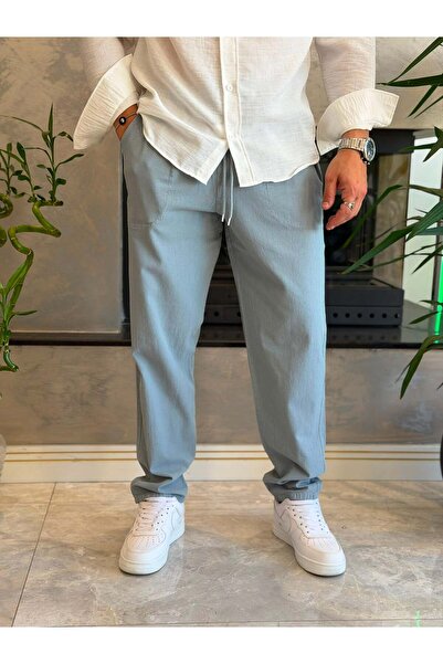 ECARTS Men's Baggy Fit Linen Trousers Baby Blue Eca087