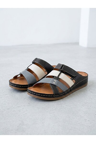 NUR KARACA 26Y-315-K701 Genuine Leather Orthopedic Comfort Slippers for Women