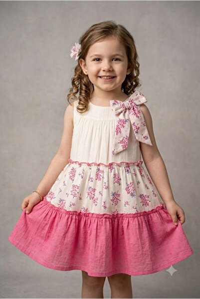 Erca Home Tekstil Ürünleri Ribbon Detail Summer Dress for Girls Pink 2/6 Y