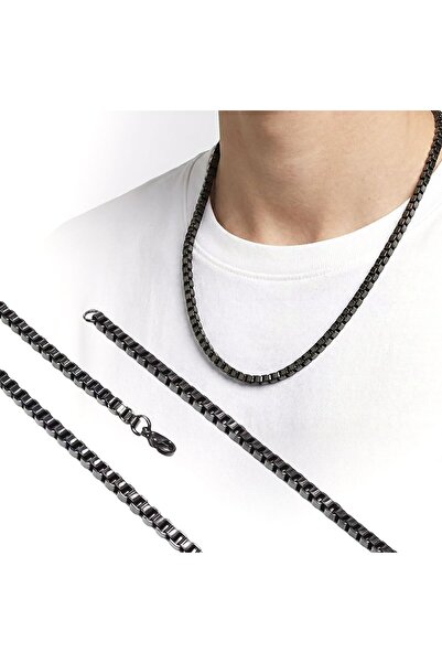 Mestore Square Albanian Black Steel Necklace 4mm 3168Cek053