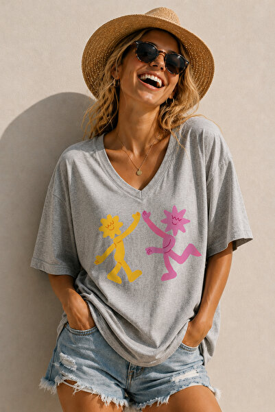 ArtYus Flower Characters Checkered Printed Unisex V-Neck Oversize T-Shirt – F...