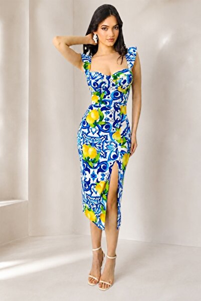 FashionForYou Rochie mulată Ditsy LIME, cu șliț adânc și imprimeu cu lămâi, A...