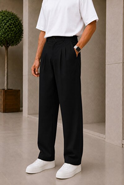 Ser Joven Men's Black Baggy Fit Relaxed Fit Pleated Fabric Trousers