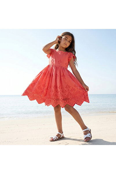 ELIGO Girls Square Neck Short Sleeves Knee Length A-line Schiffli Embroidered...