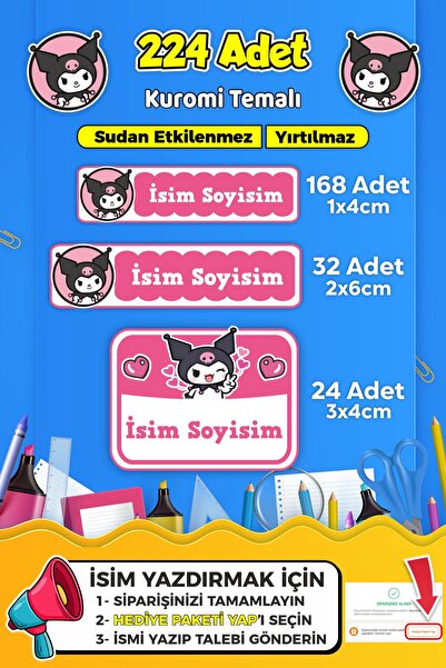 SB store Okul Kreş Kişiye Özel isim Etiket Seti Kuromi Temalı - Model 685