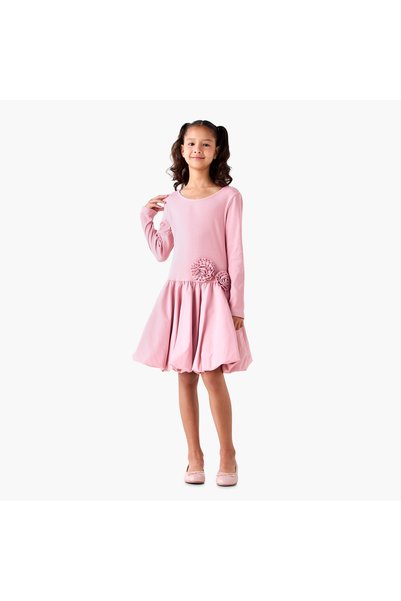 Juniors Round Neck Long Sleeves Balloon Dress with Floral Applique