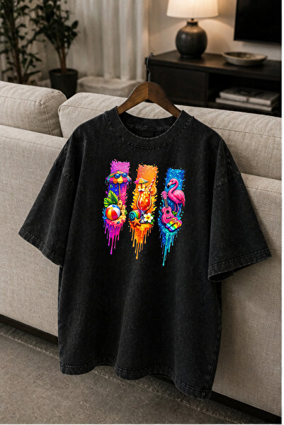 Pink Sky Acid Washed Oversize Unisex T-Shirt Washed Vintage Street Style Stre...