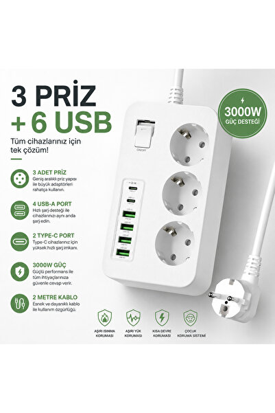 SMAYLİNG Akım Korumalı 3’lü Priz – 2×USB-C + 4×USB-A Hızlı Şarj, 2m Kablo, Ço...