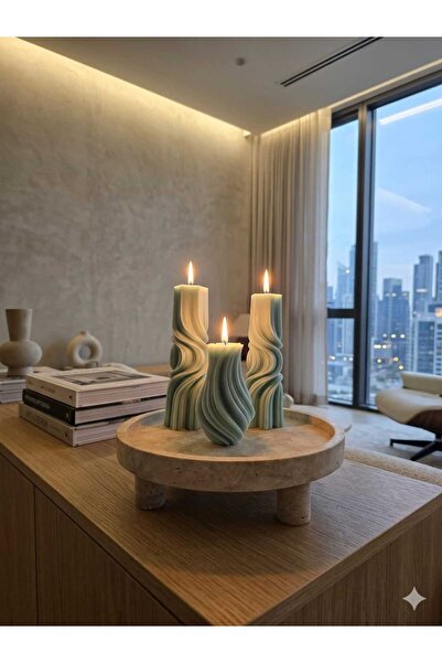 SCA CANDLE Dekoratif mum Dalga mum +Vazo mum toplam 3 parça yeşil Renk