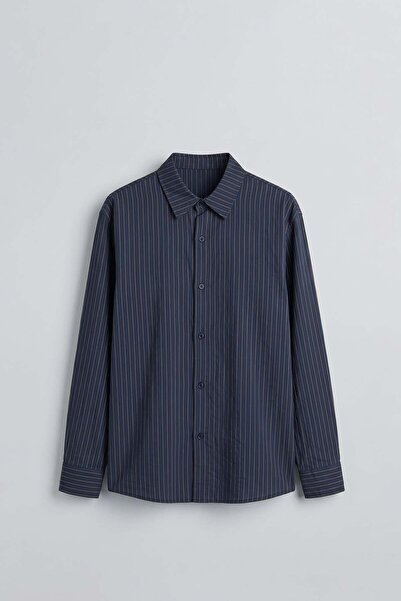 ablukaonline Men's Oversize Striped Boxy Fit Long Sleeve Shirt Navy Blue