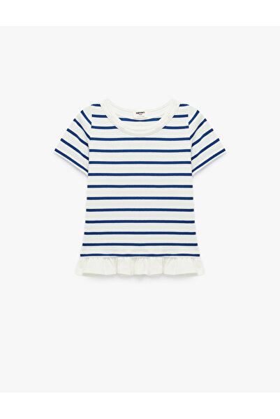 Koton Cotton Crew Neck Short Sleeve Striped T-Shirt with Ruffle Detail