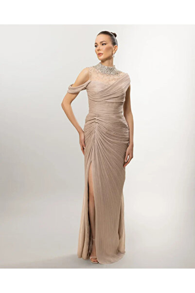 Kenzel 26049-Transparent Collar Stone Embellished Slit Long Evening Dress